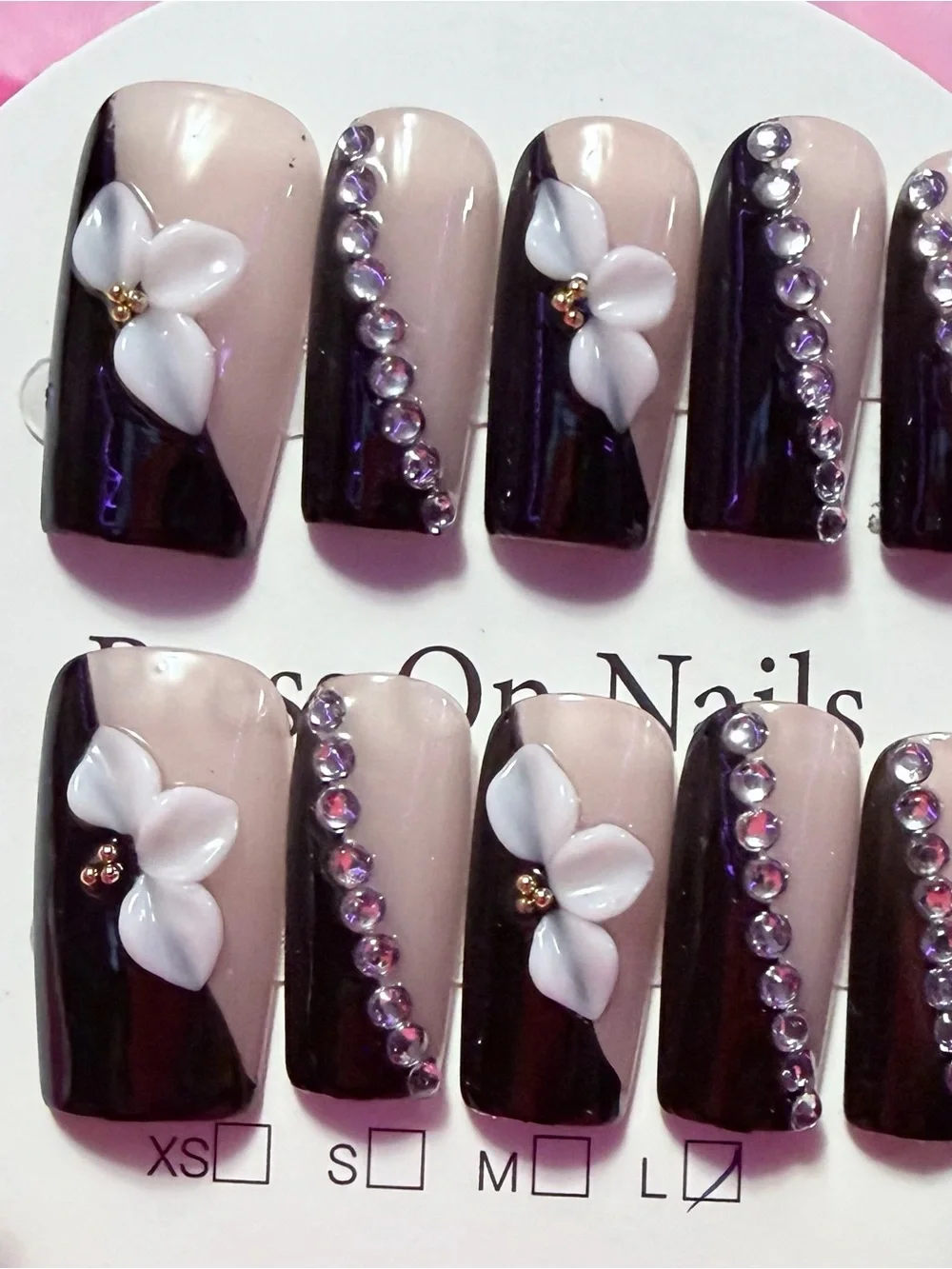 Elegant Two-Tone Nude & Black Press-On Nails with White Floral Accents
